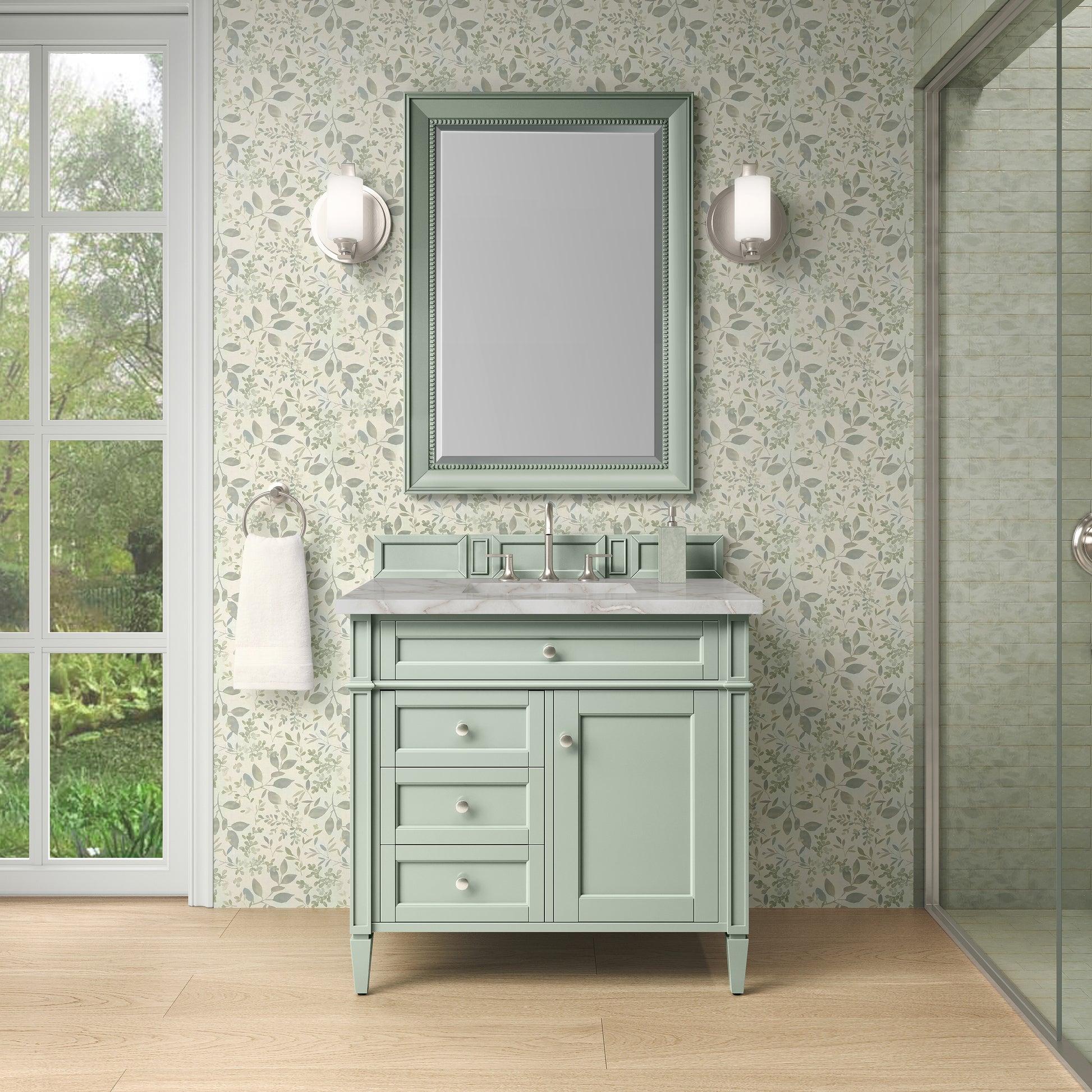 Renovate for Less Atlanta Brittany 36" Single Vanity, Sage Green w/ 3 CM Victorian Silver Silestone Top