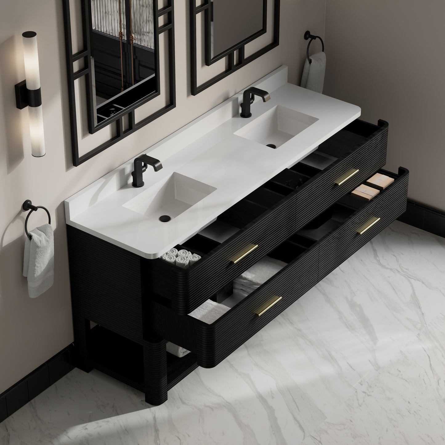 Renovate for Less Atlanta Lucian 72" Double Vanity, Carbon Oak w/ 3 CM White Zeus Silestone Top