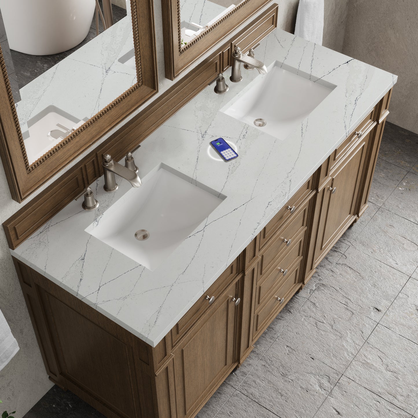 Renovate for Less Atlanta Bristol 60" Double Vanity, Saddle Brown w/ 3 CM Ethereal Noctis Silestone Top w/FreePower Wireless Charger