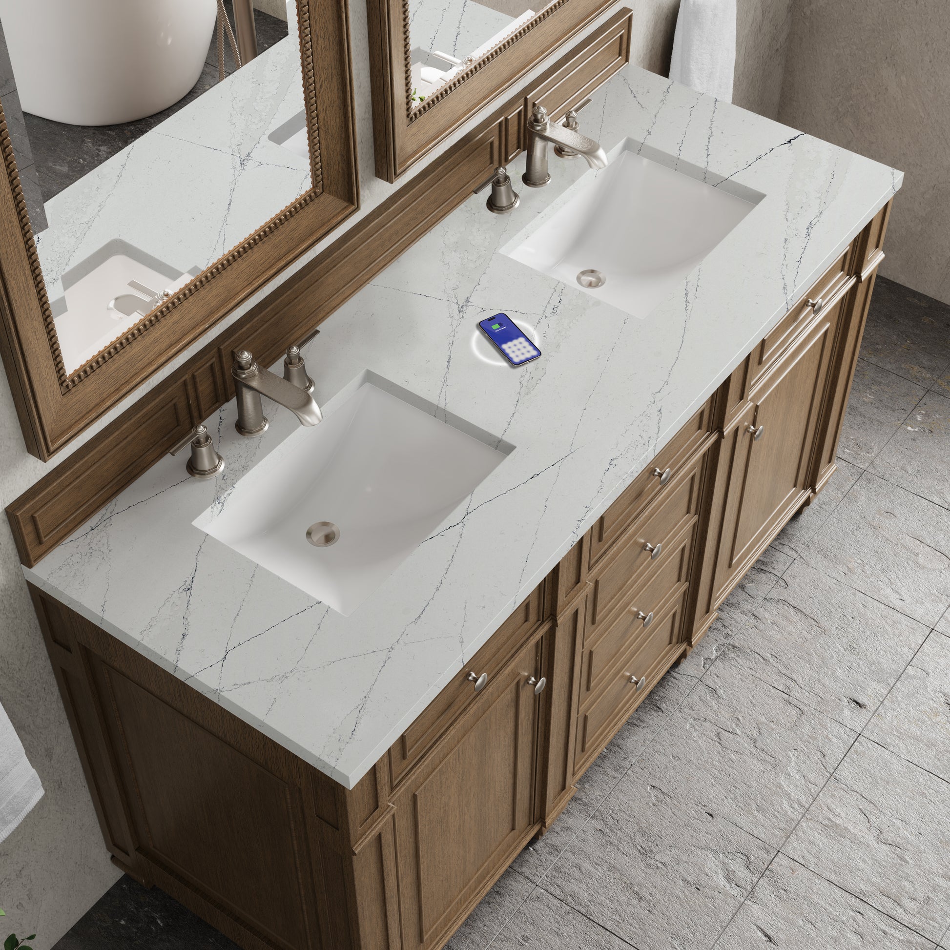 Renovate for Less Atlanta Bristol 60" Double Vanity, Saddle Brown w/ 3 CM Ethereal Noctis Silestone Top w/FreePower Wireless Charger