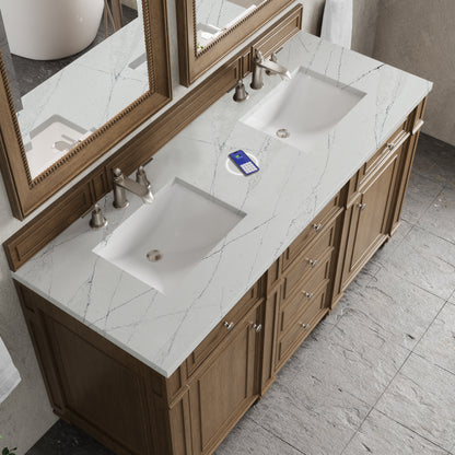 Renovate for Less Atlanta Bristol 60" Double Vanity, Saddle Brown w/ 3 CM Ethereal Noctis Silestone Top w/FreePower Wireless Charger