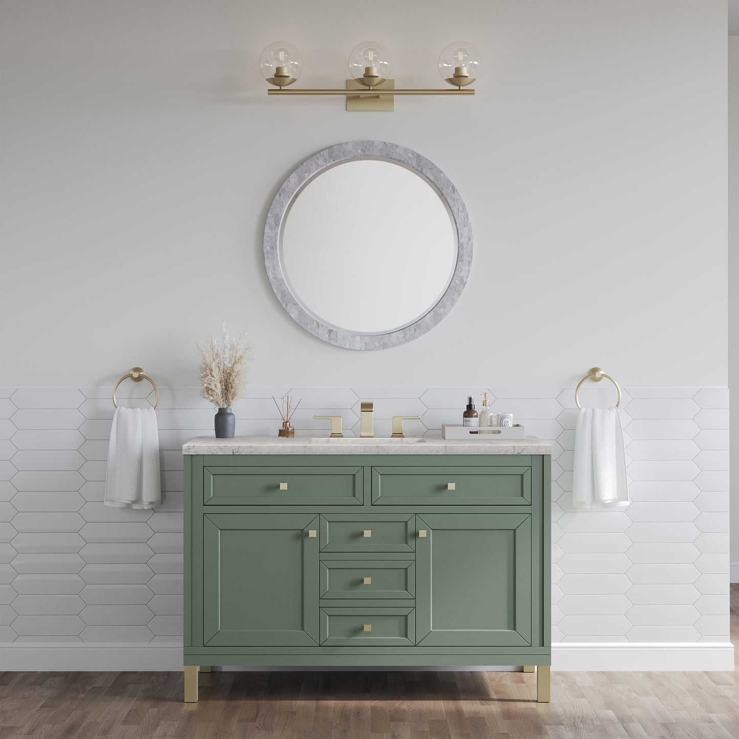 Renovate for Less Atlanta Chicago 48" Single Vanity, Smokey Celadon, w/ 3 CM Eternal Jasmine Pearl Silestone® Top w/FreePower Wireless Charger