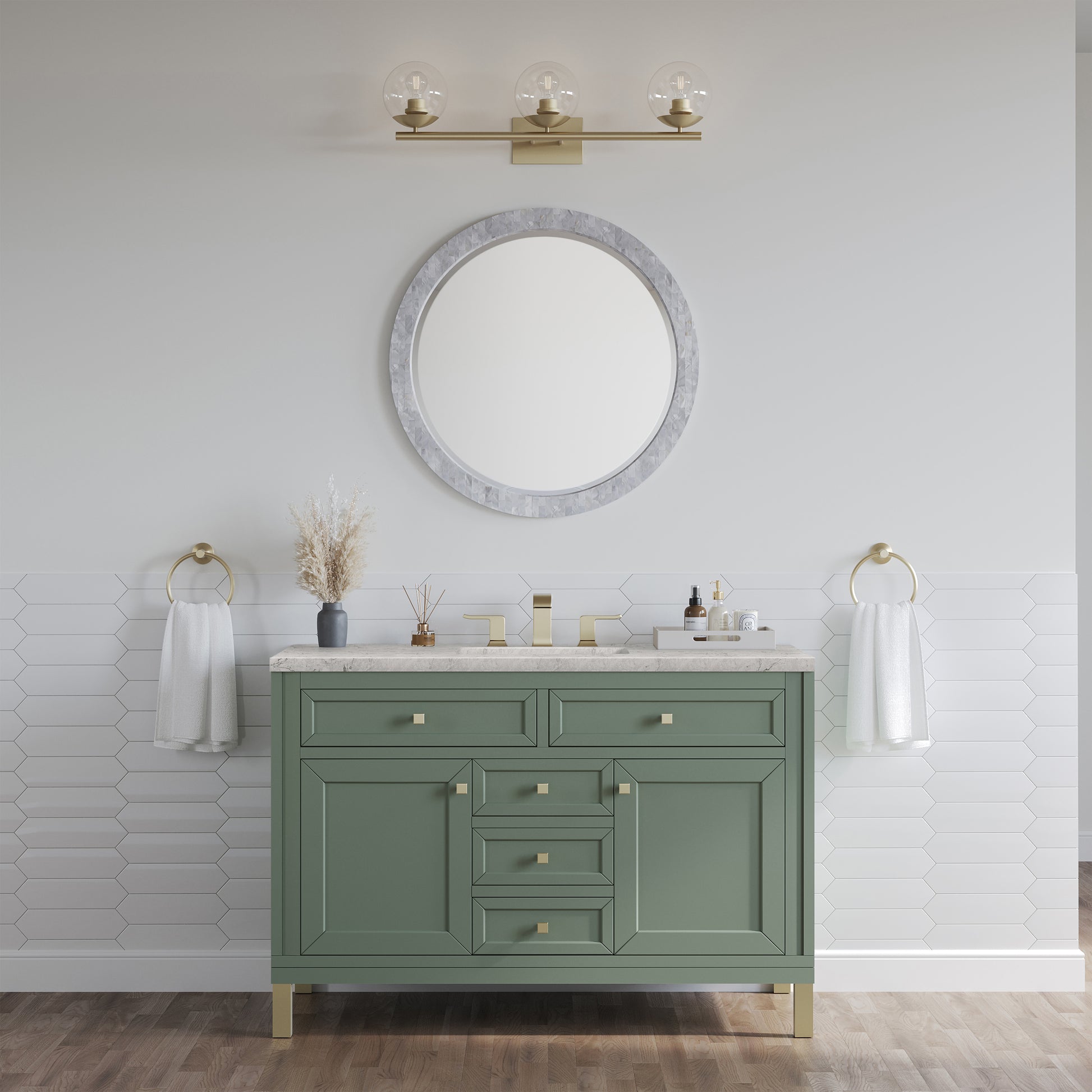 Renovate for Less Atlanta Chicago 48" Single Vanity, Smokey Celadon, w/ 3 CM Eternal Jasmine Pearl Silestone® Top w/FreePower Wireless Charger