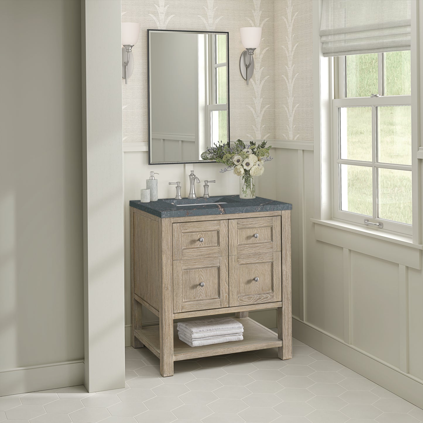 Renovate for Less Atlanta Breckenridge 30" Single Vanity, Whitewashed Oak w/ 3 CM Parisien Bleu Silestone Top