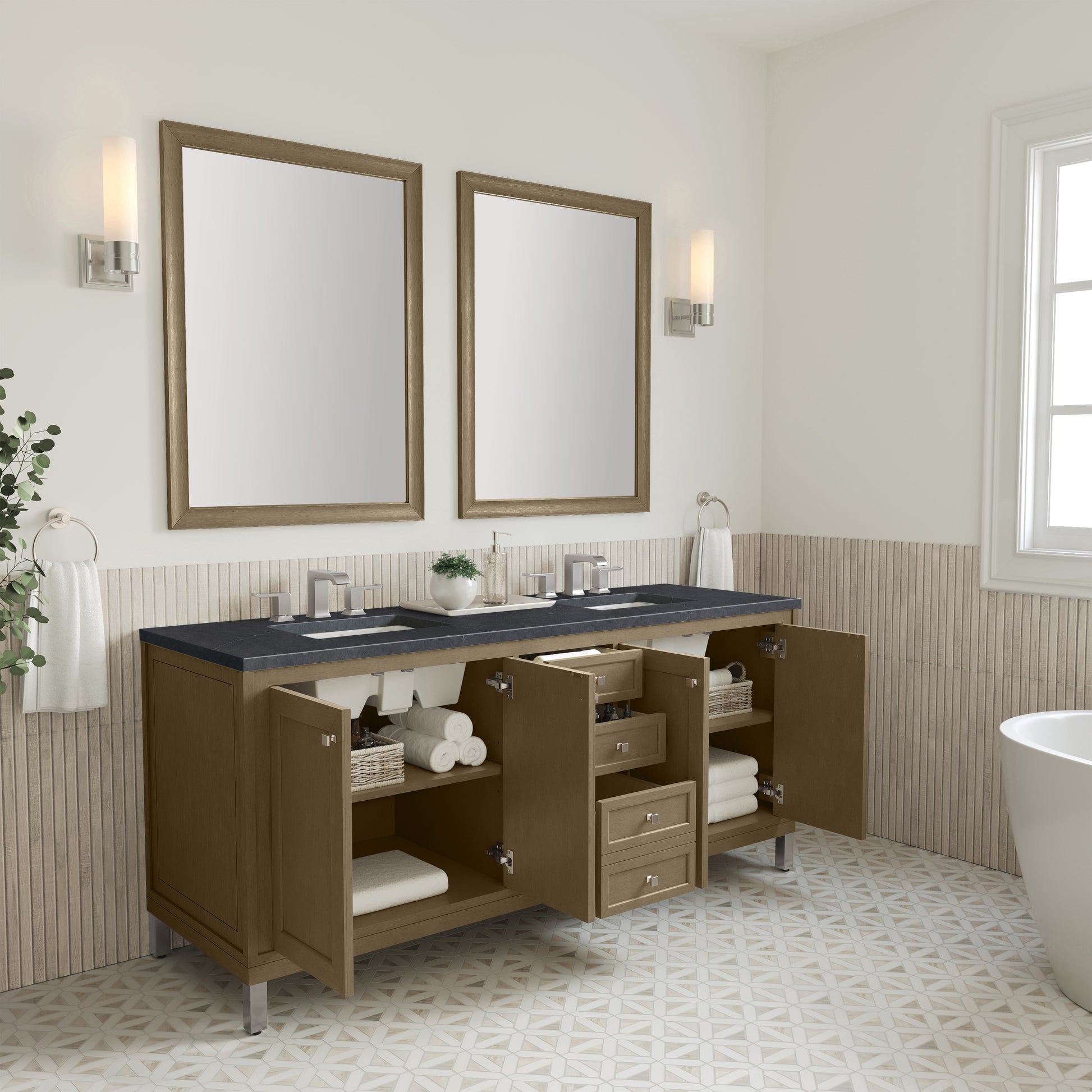 Renovate for Less Atlanta Chicago 72" Double Vanity, Walnut Whisper, w/ 3 CM Charcoal Soapstone Silestone® Top