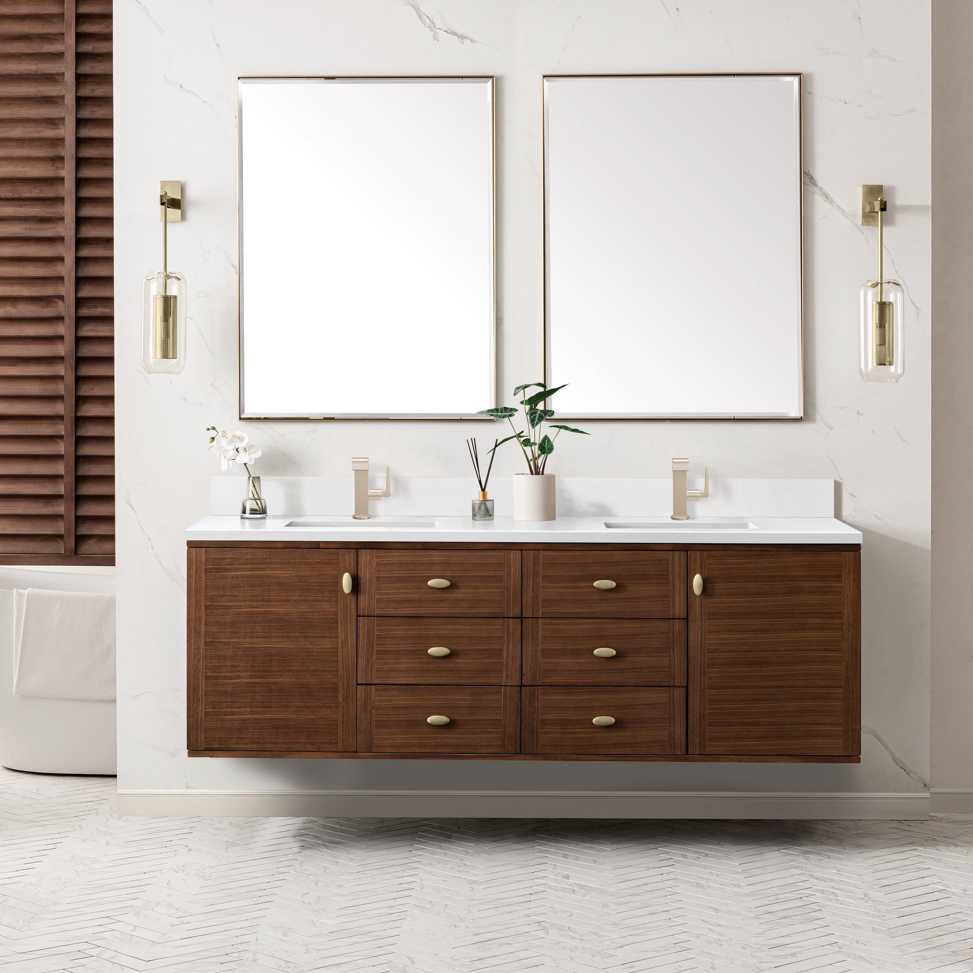 Renovate for Less Atlanta Amberly 72" Double Vanity, Mid-Century Walnut w/ Single Hole 3 CM White Zeus Top & Backsplash