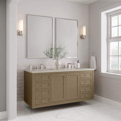 Renovate for Less Atlanta Chicago 60" Double Vanity, Walnut Whisper, w/ 3 CM Siberian Silestone Top w/FreePower Wireless Charger