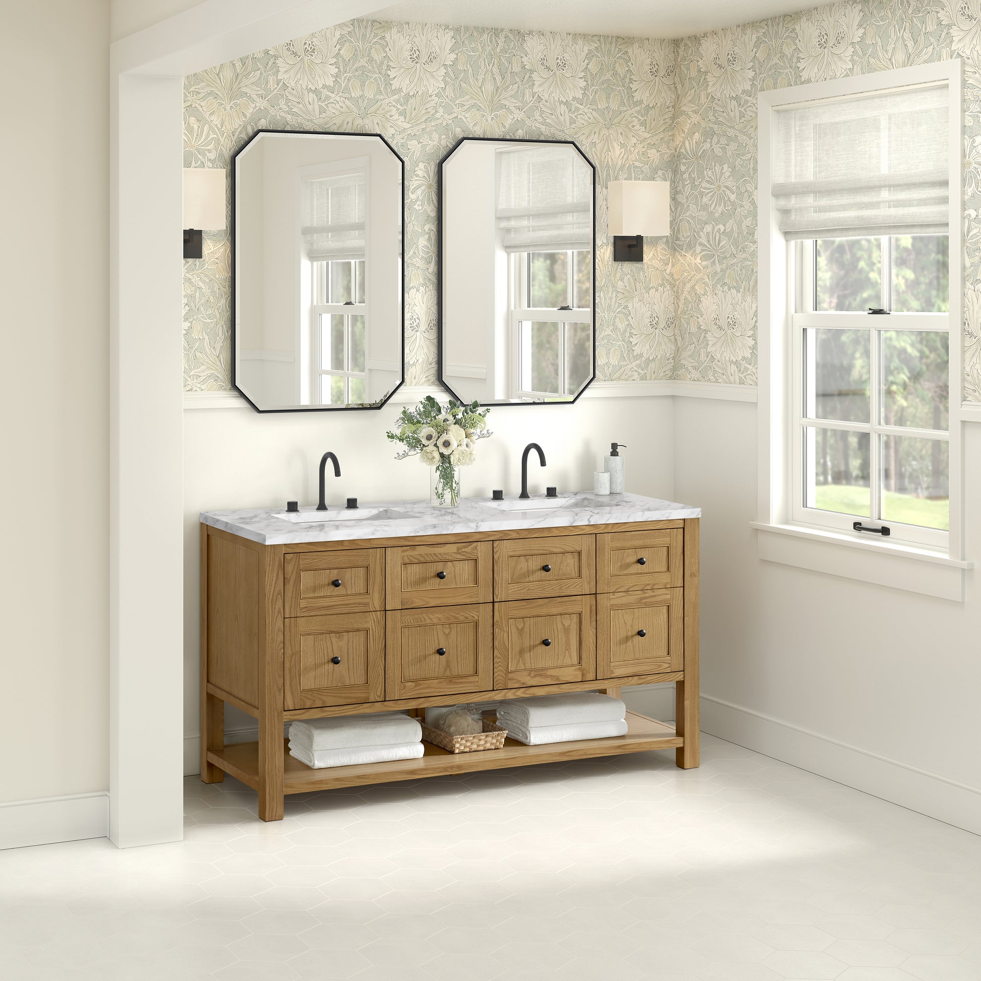 Renovate for Less Atlanta Breckenridge 60" Double Vanity, Light Natural Oak, w/ 3 CM Carrara Marble Top