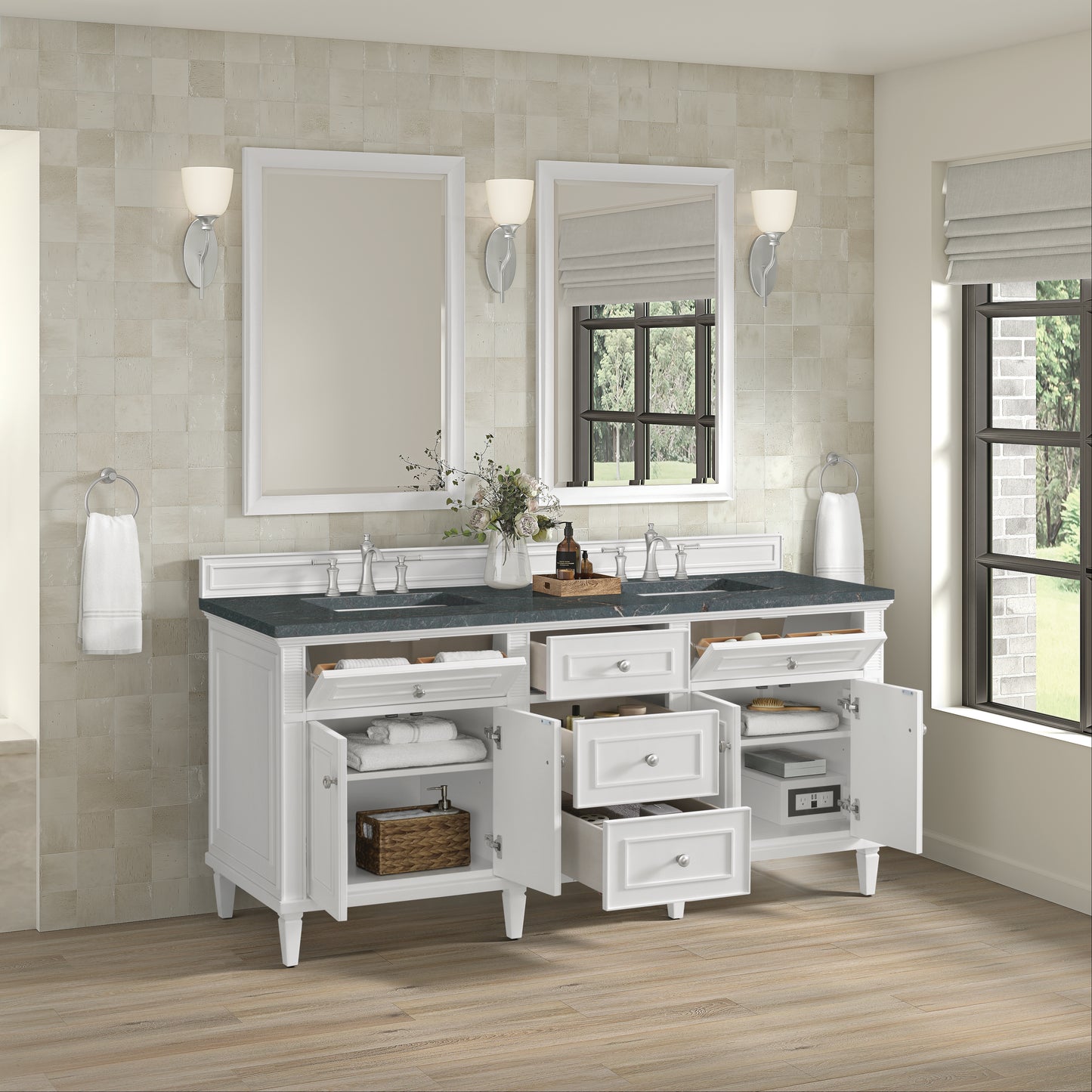 Renovate for Less Atlanta Lorelai 72" Double Vanity, Bright White w/ 3 CM Parisien Bleu Silestone Top w/FreePower Wireless Charger