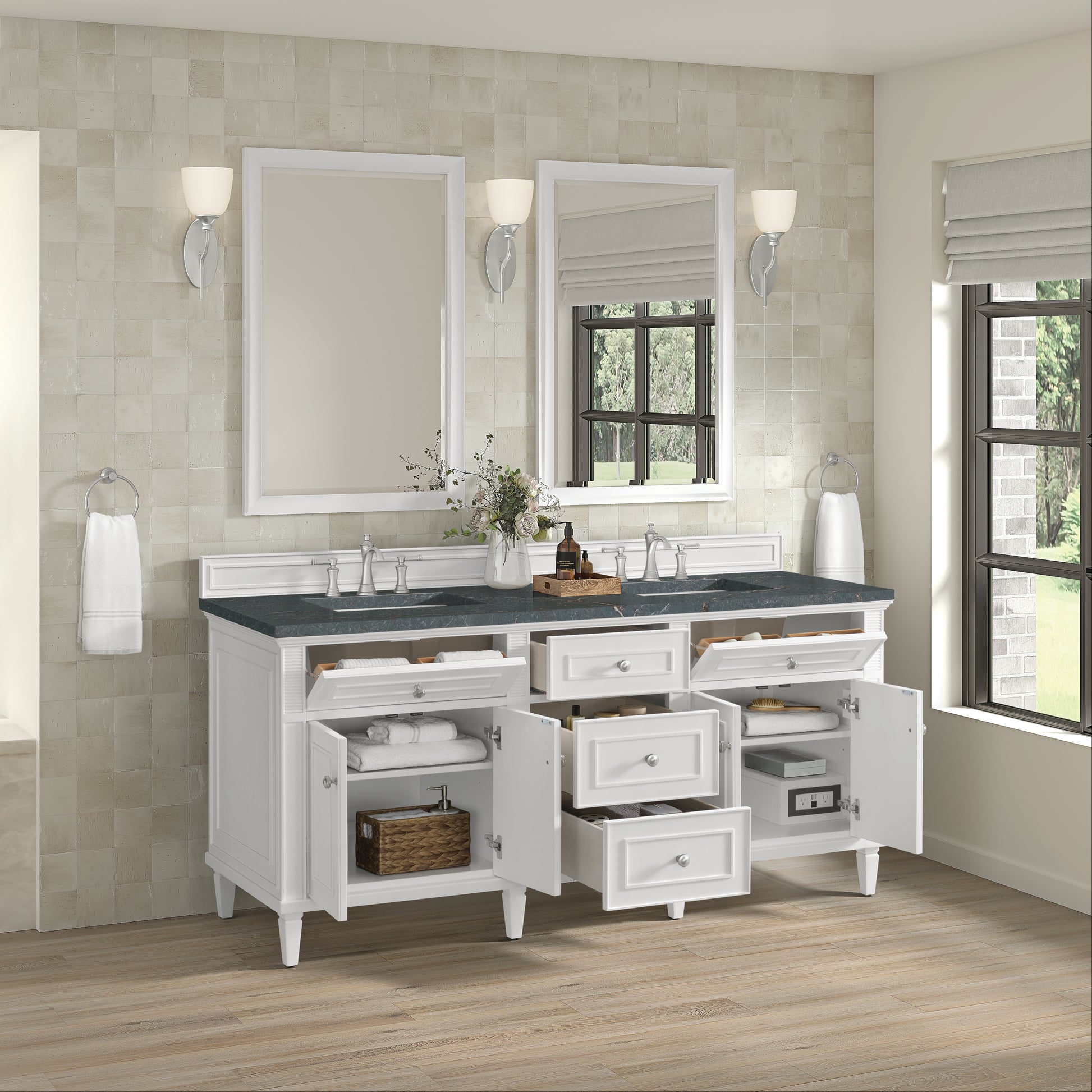 Renovate for Less Atlanta Lorelai 72" Double Vanity, Bright White w/ 3 CM Parisien Bleu Silestone Top w/FreePower Wireless Charger