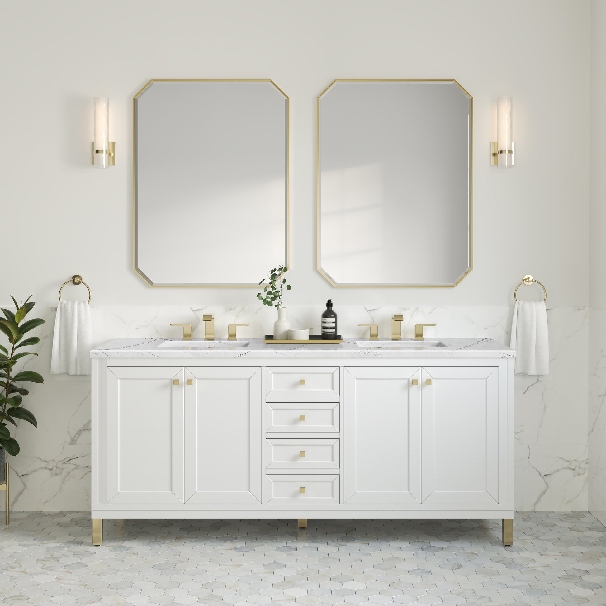 Renovate for Less Atlanta Chicago 72" Double Vanity, Glossy White, w/ 3 CM Ethereal Noctis Silestone® Top
