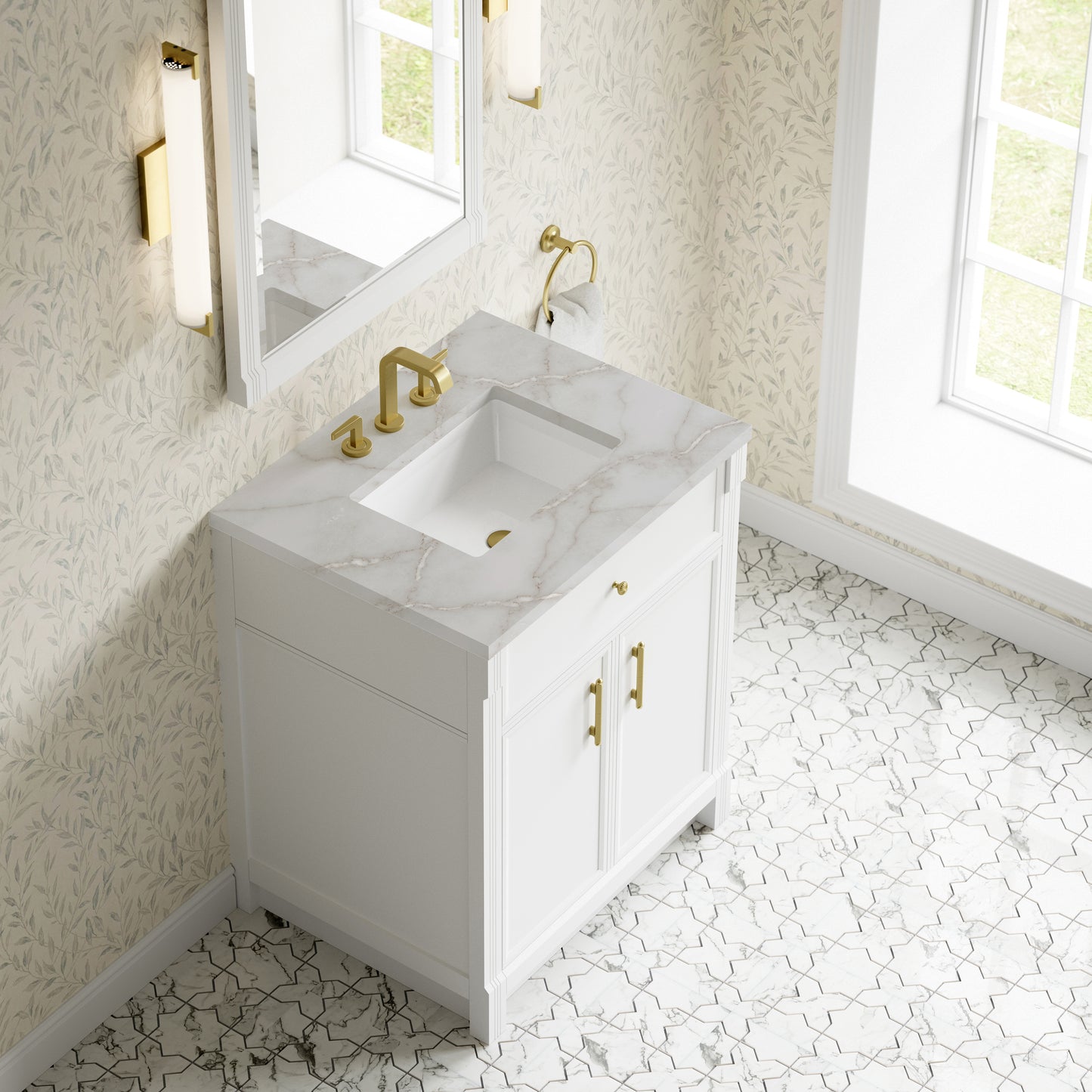 Renovate for Less Atlanta Bellshire 30" Single Vanity, Bright White w/ 3 CM Victorian Silver Silestone Top