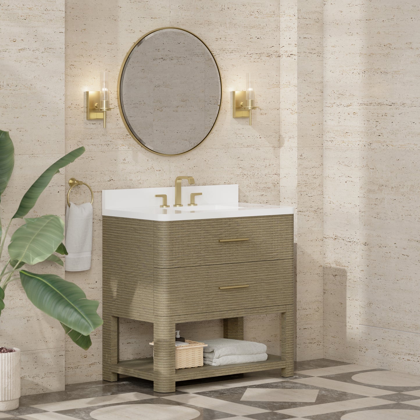 Renovate for Less Atlanta Lucian 36" Single Vanity, Pebble Oak w/ 3 CM White Zeus Silestone Widespread Top