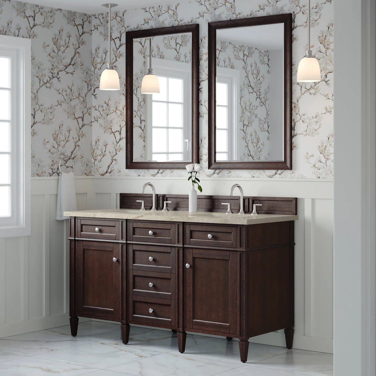 Brittany 60" Double Vanity, Burnished Mahogany, w/ 3 CM Tajnar Eclos Top w/FreePower Wireless Charger