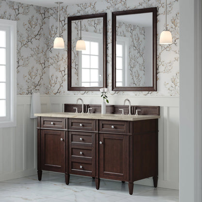 Brittany 60" Double Vanity, Burnished Mahogany, w/ 3 CM Tajnar Eclos Top w/FreePower Wireless Charger