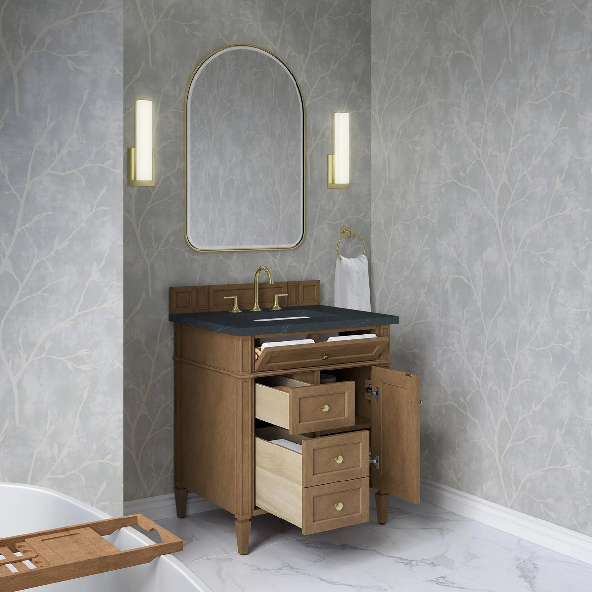 Brittany 30" Single Vanity, Pecan w/ 3 CM Charcoal Soapstone Silestone Top