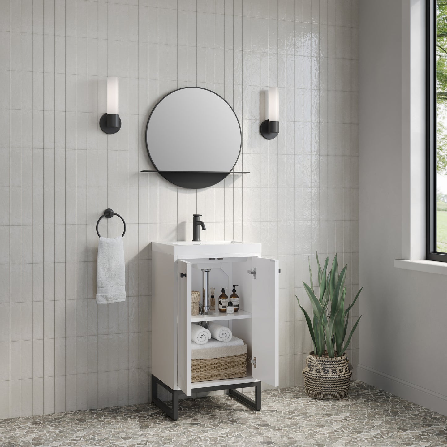 Renovate for Less Atlanta Chianti 20" Single Vanity, Glossy White, Matte Black, w/ White Glossy Composite Stone Top