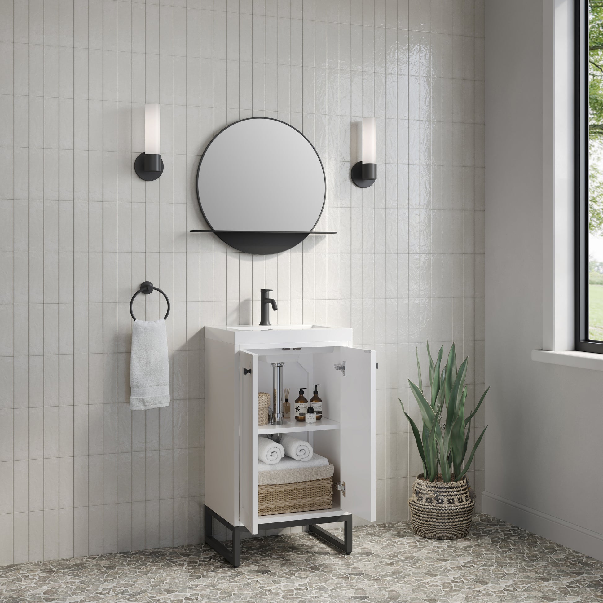 Renovate for Less Atlanta Chianti 20" Single Vanity, Glossy White, Matte Black, w/ White Glossy Composite Stone Top