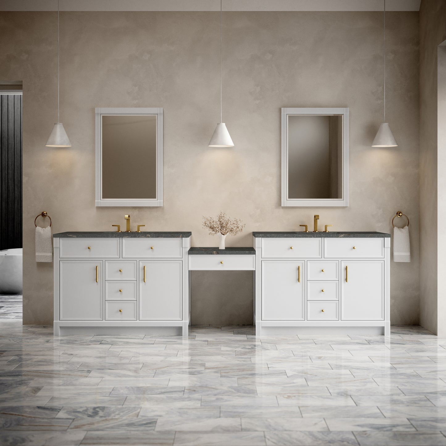 Renovate for Less Atlanta Bellshire 120" Dual Vanity Set with 24" Make-Up Counter, Bright White w/3 cm Parisien Bleu Silestone Top w/FreePower Wireless Charger