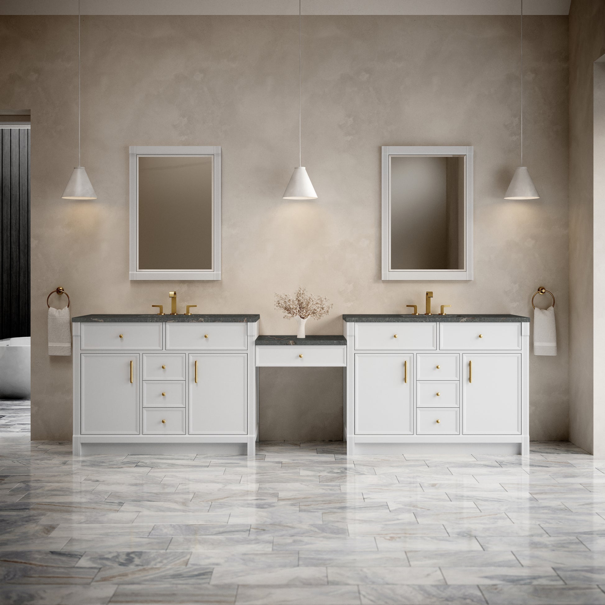 Renovate for Less Atlanta Bellshire 120" Dual Vanity Set with 24" Make-Up Counter, Bright White w/3 cm Parisien Bleu Silestone Top w/FreePower Wireless Charger