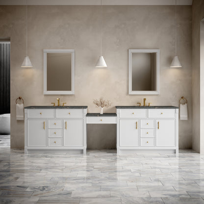 Renovate for Less Atlanta Bellshire 120" Dual Vanity Set with 24" Make-Up Counter, Bright White w/3 cm Parisien Bleu Silestone Top w/FreePower Wireless Charger