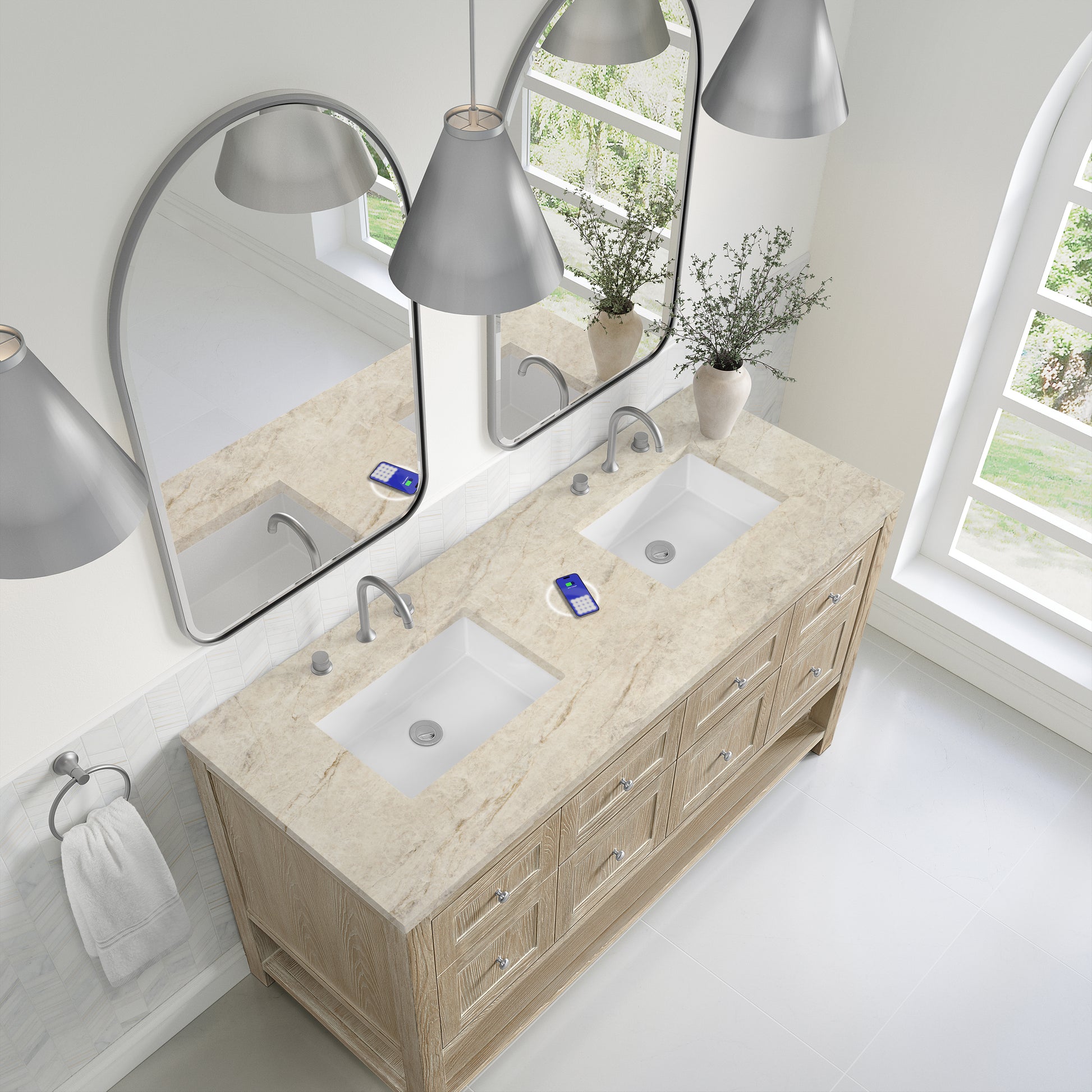 Renovate for Less Atlanta Breckenridge 60" Double Vanity, Whitewashed Oak, w/ 3 CM Tajnar Eclos Top w/FreePower Wireless Charger