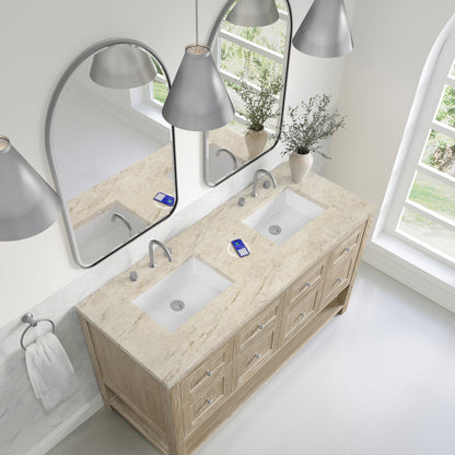 Renovate for Less Atlanta Breckenridge 60" Double Vanity, Whitewashed Oak, w/ 3 CM Tajnar Eclos Top w/FreePower Wireless Charger