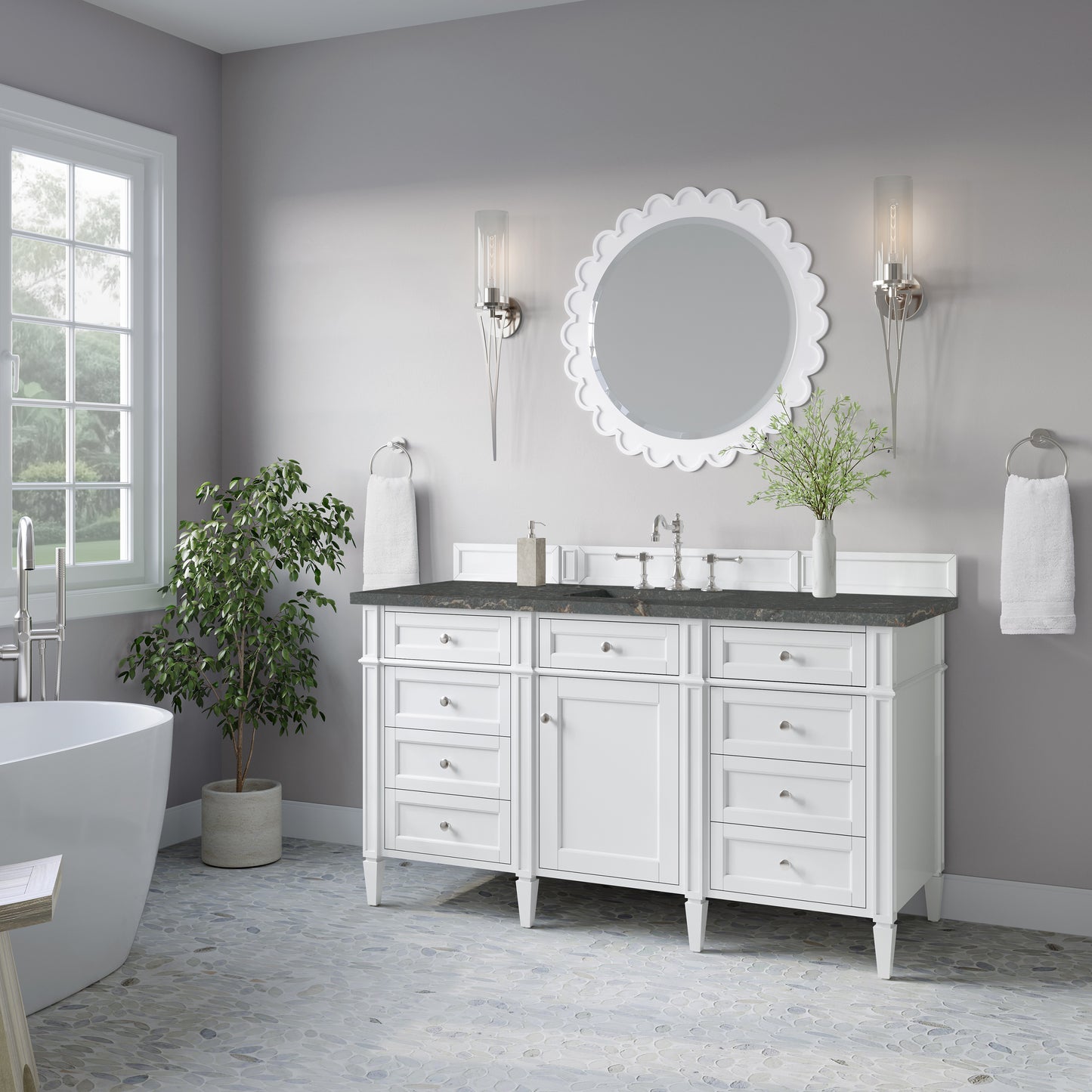 Renovate for Less Atlanta Brittany 60" Single Vanity, Bright White w/ 3 CM Parisien Bleu Silestone Top