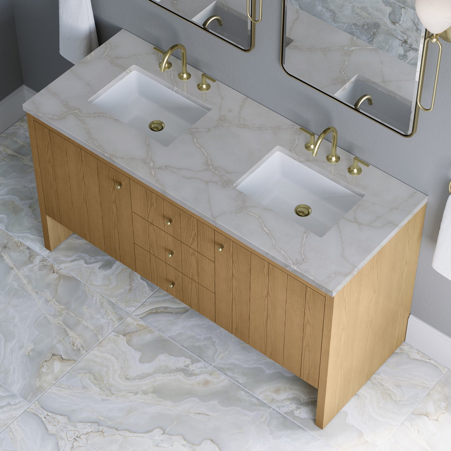 Renovate for Less Atlanta Hudson 60" Double Vanity, Light Natural Oak w/ 3 CM Victorian Silver Top w/FreePower Wireless Charger