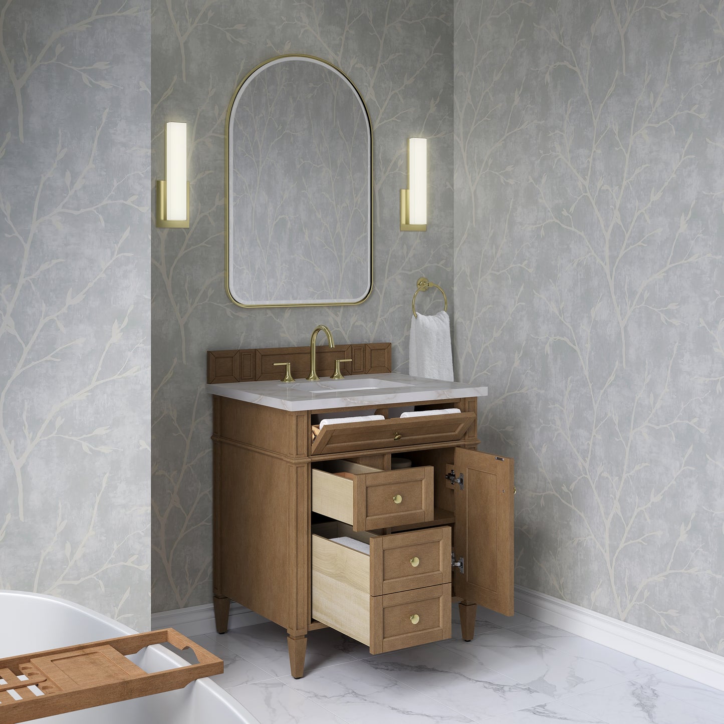 Renovate for Less Atlanta Brittany 30" Single Vanity, Pecan w/ 3 CM Victorian Silver Silestone Top