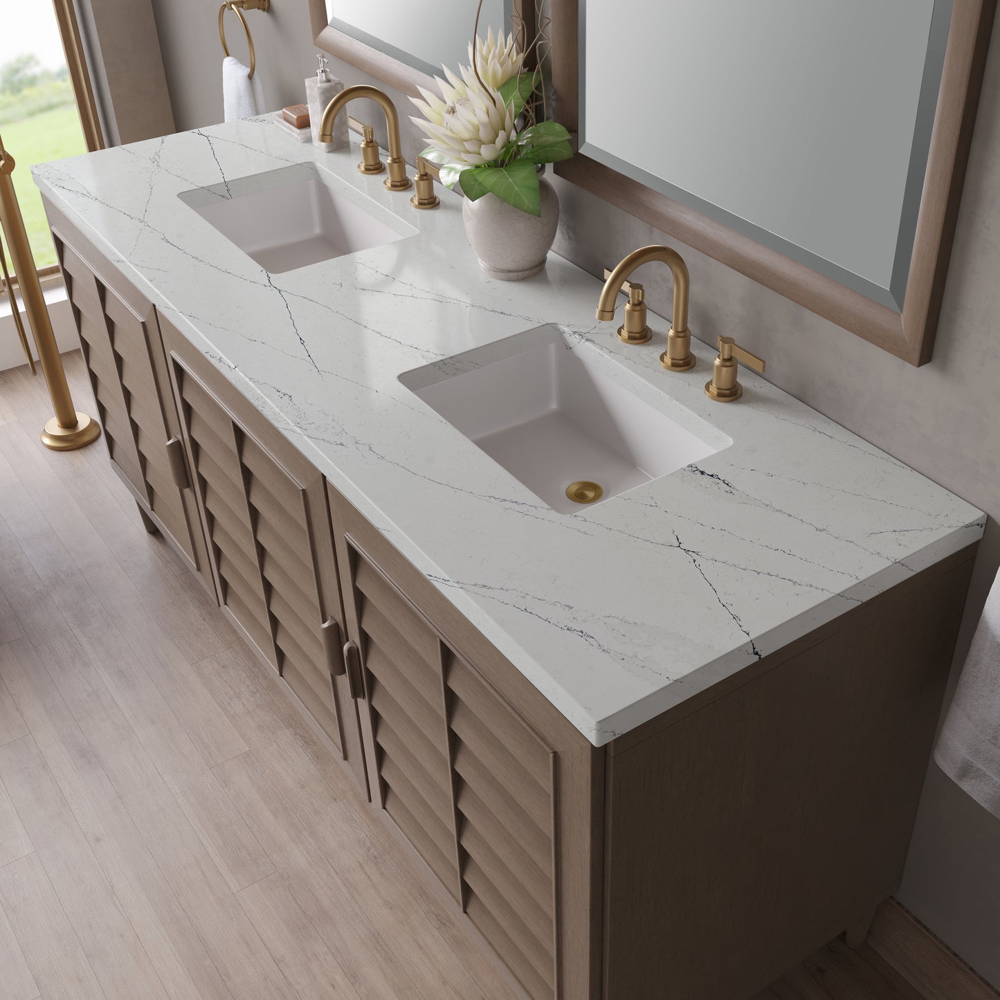 Renovate for Less Atlanta Portland 72" Double Vanity Whitewashed Walnut w/ 3 CM Ethereal Noctis Silestone Top