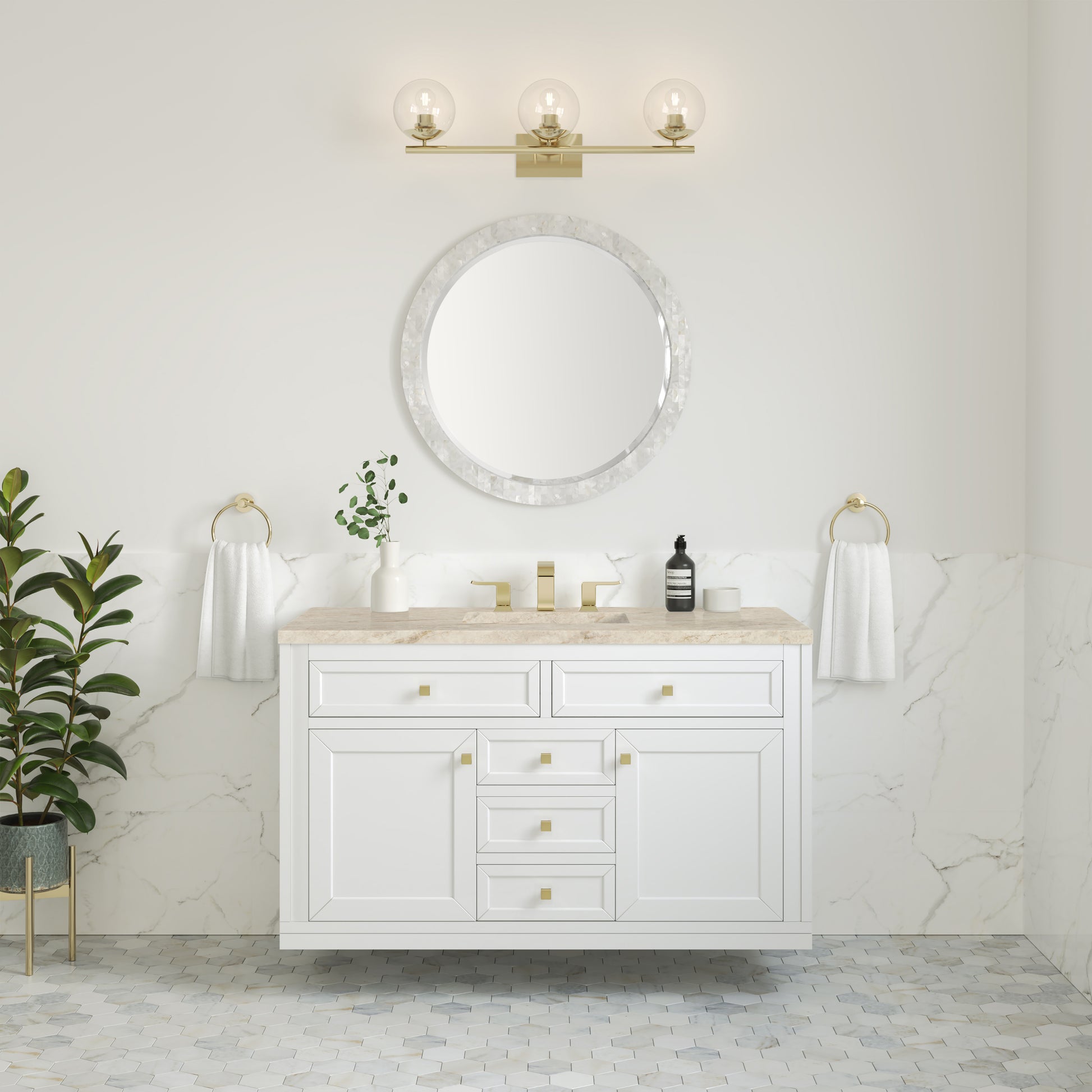 Renovate for Less Atlanta Chicago 48" Single Vanity, Glossy White, w/ 3 CM Tajnar Eclos Top w/FreePower Wireless Charger