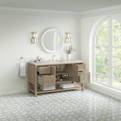 Renovate for Less Atlanta Breckenridge 60" Single Vanity, Whitewashed Oak, w/ 3 CM Siberian Silestone Top w/FreePower Wireless Charger