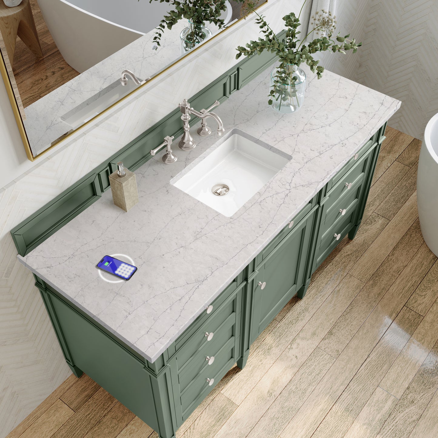 Renovate for Less Atlanta Brittany 60" Single Vanity, Smokey Celadon w/ 3 CM Eternal Jasmine Pearl Top w/FreePower Wireless Charger