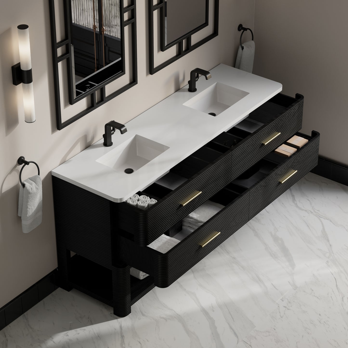 Renovate for Less Atlanta Lucian 72" Double Vanity, Carbon Oak w/ 3 CM White Zeus Silestone Top
