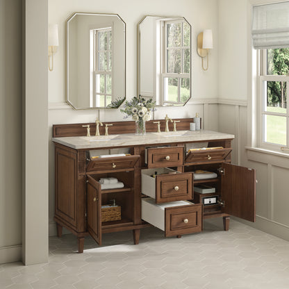 Renovate for Less Atlanta Lorelai 60" Double Vanity, Mid-Century Walnut, w/ 3 CM Tajnar Eclos Top w/FreePower Wireless Charger