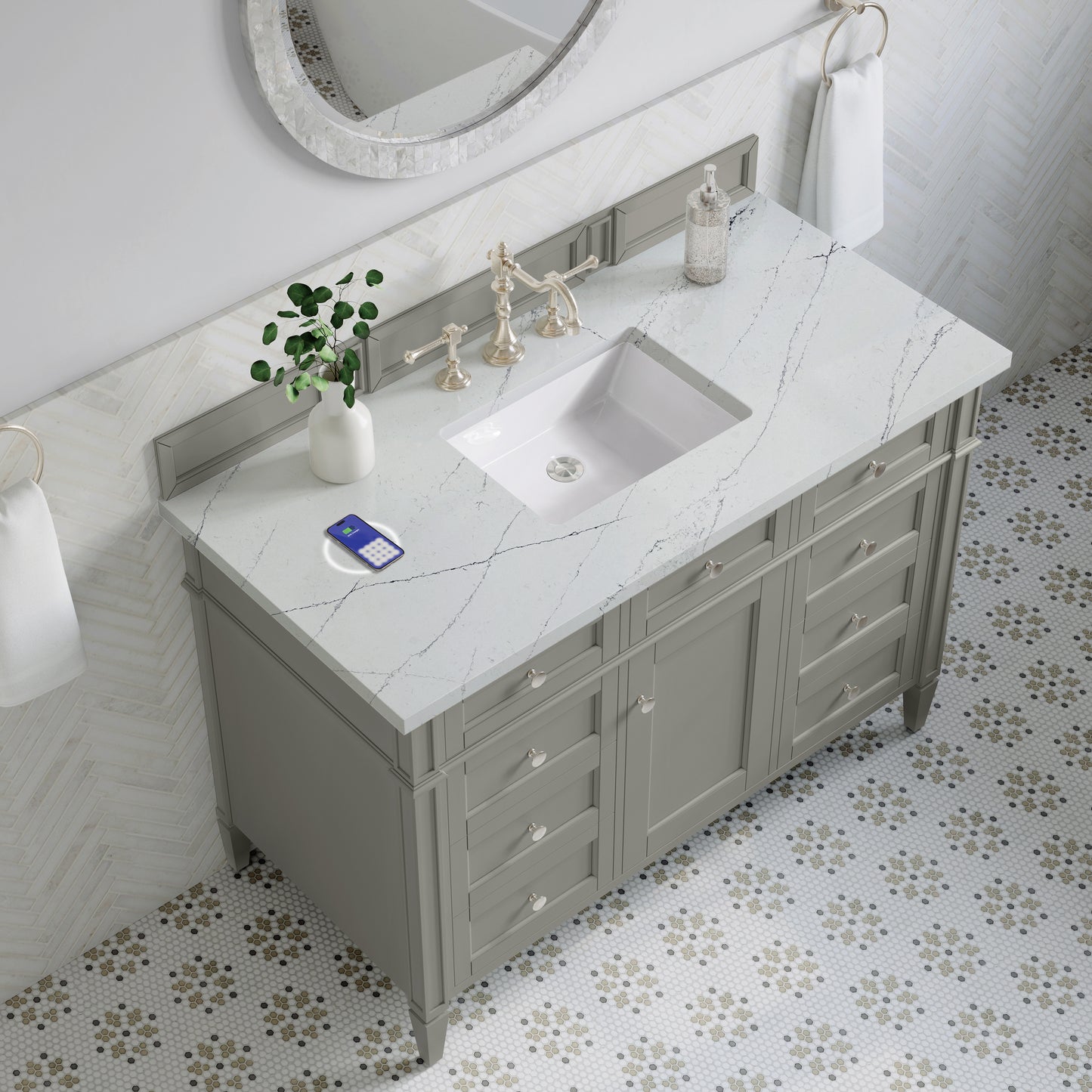 Renovate for Less Atlanta Brittany 48" Single Vanity, Urban Gray w/ 3 CM Ethereal Noctis Silestone Top w/FreePower Wireless Charger
