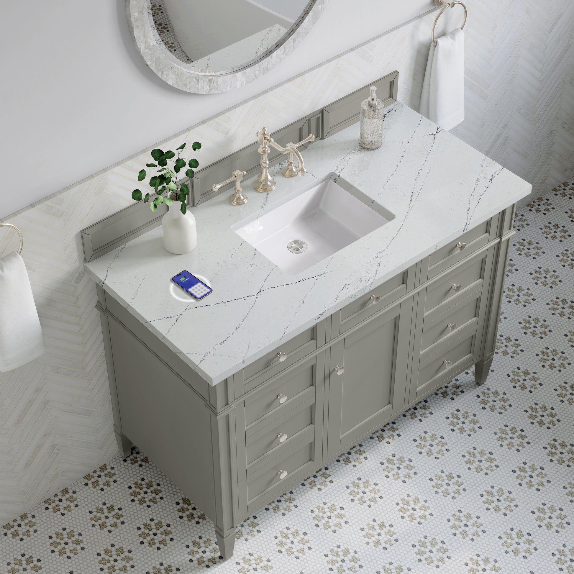 Renovate for Less Atlanta Brittany 48" Single Vanity, Urban Gray w/ 3 CM Ethereal Noctis Silestone Top w/FreePower Wireless Charger