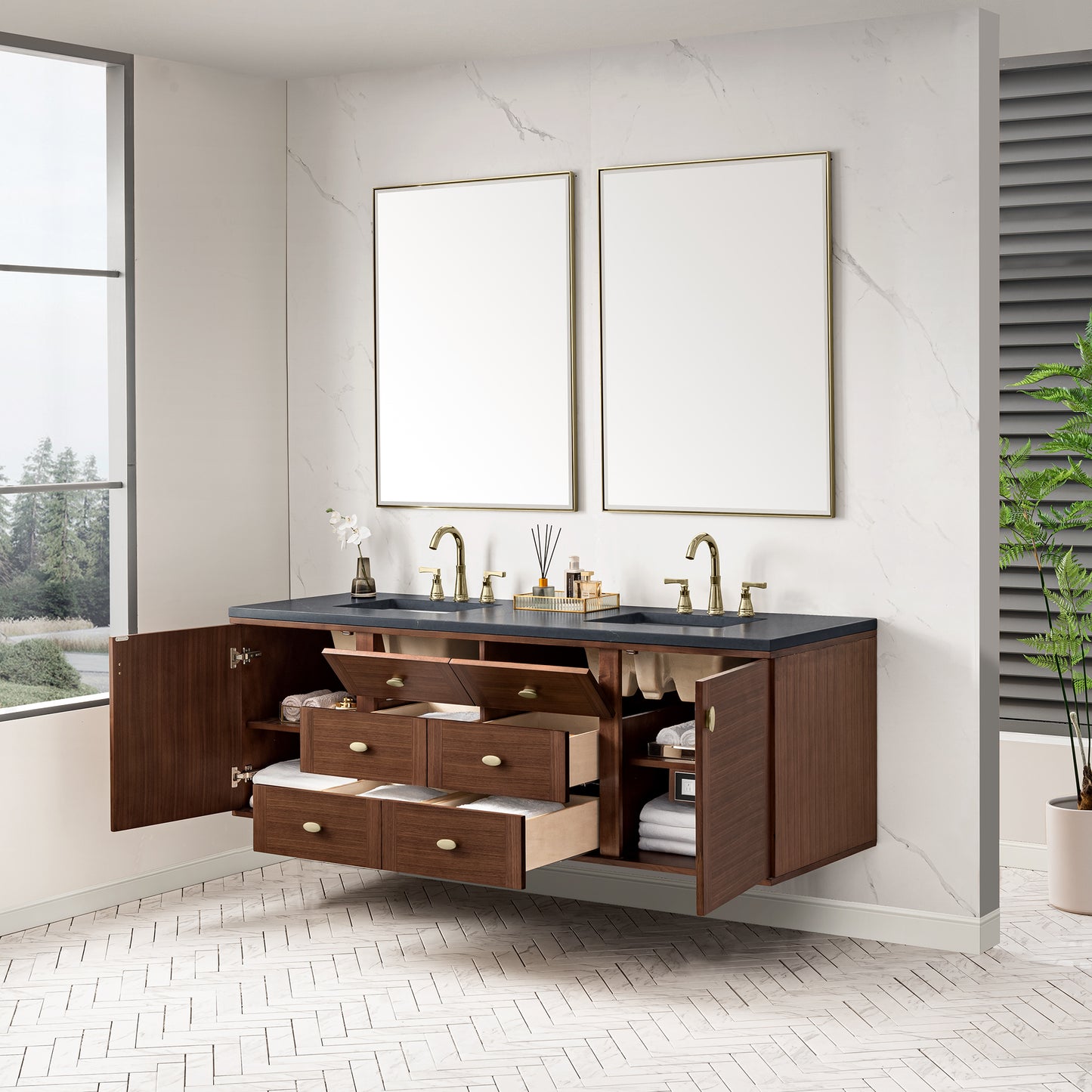 Renovate for Less Atlanta Amberly 72" Double Vanity, Mid-Century Walnut w/ 3 CM Charcoal Soapstone Top