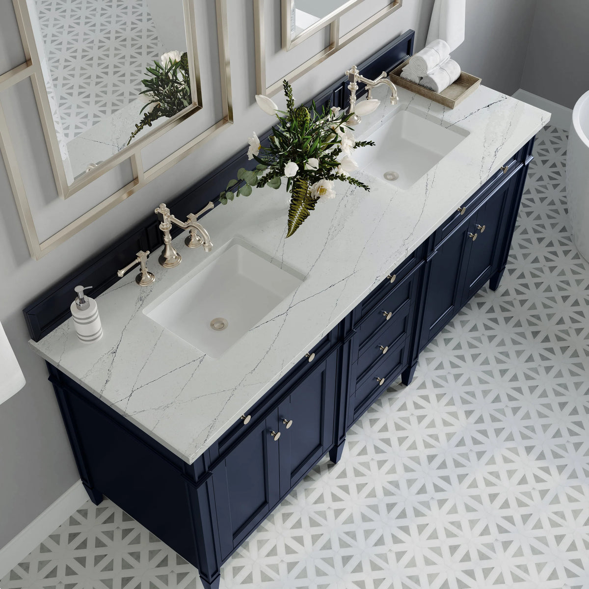 Brittany 72" Double Vanity, Victory Blue w/ 3 CM Ethereal Noctis Silestone Top