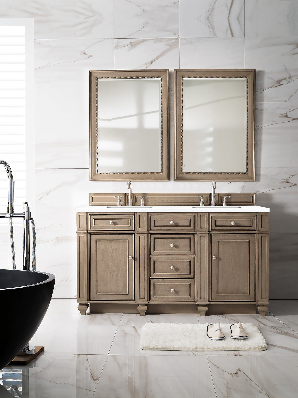 Bristol 60" Double Vanity, Whitewashed Walnut w/ 3 CM White Zeus Silestone Top