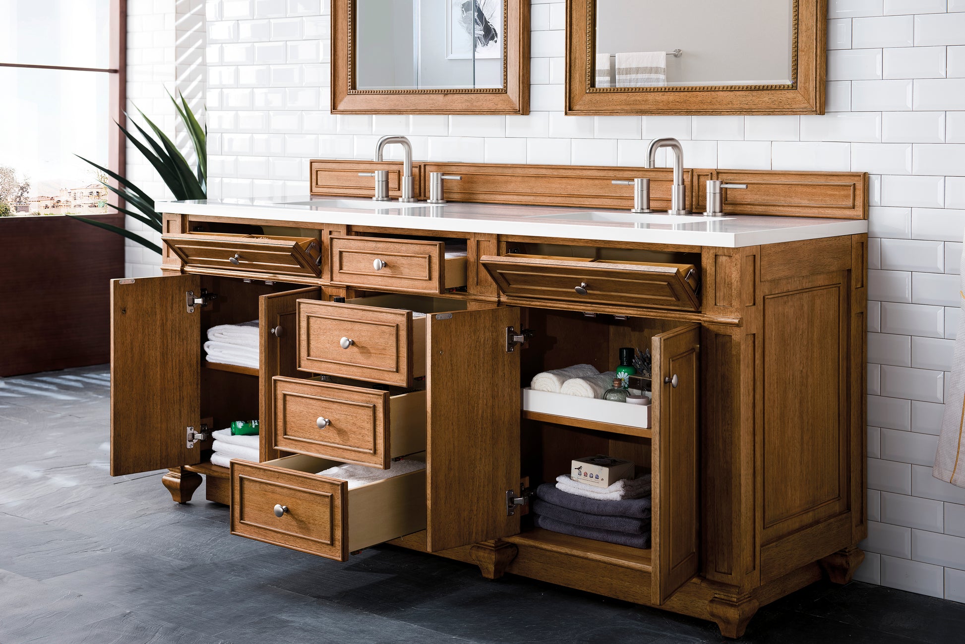 Renovate for Less Atlanta Bristol 72" Double Vanity, Saddle Brown w/ 3 CM White Zeus Silestone Top