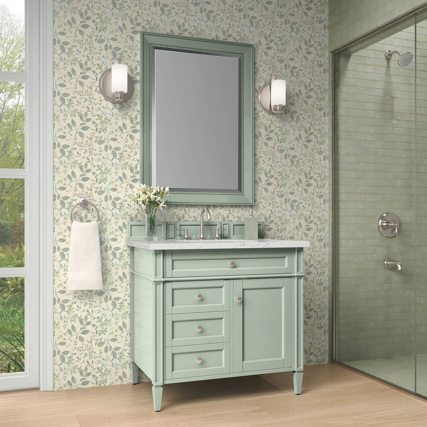 Renovate for Less Atlanta Brittany 36" Single Vanity, Sage Green w/ 3 CM Ethereal Noctis Silestone Top