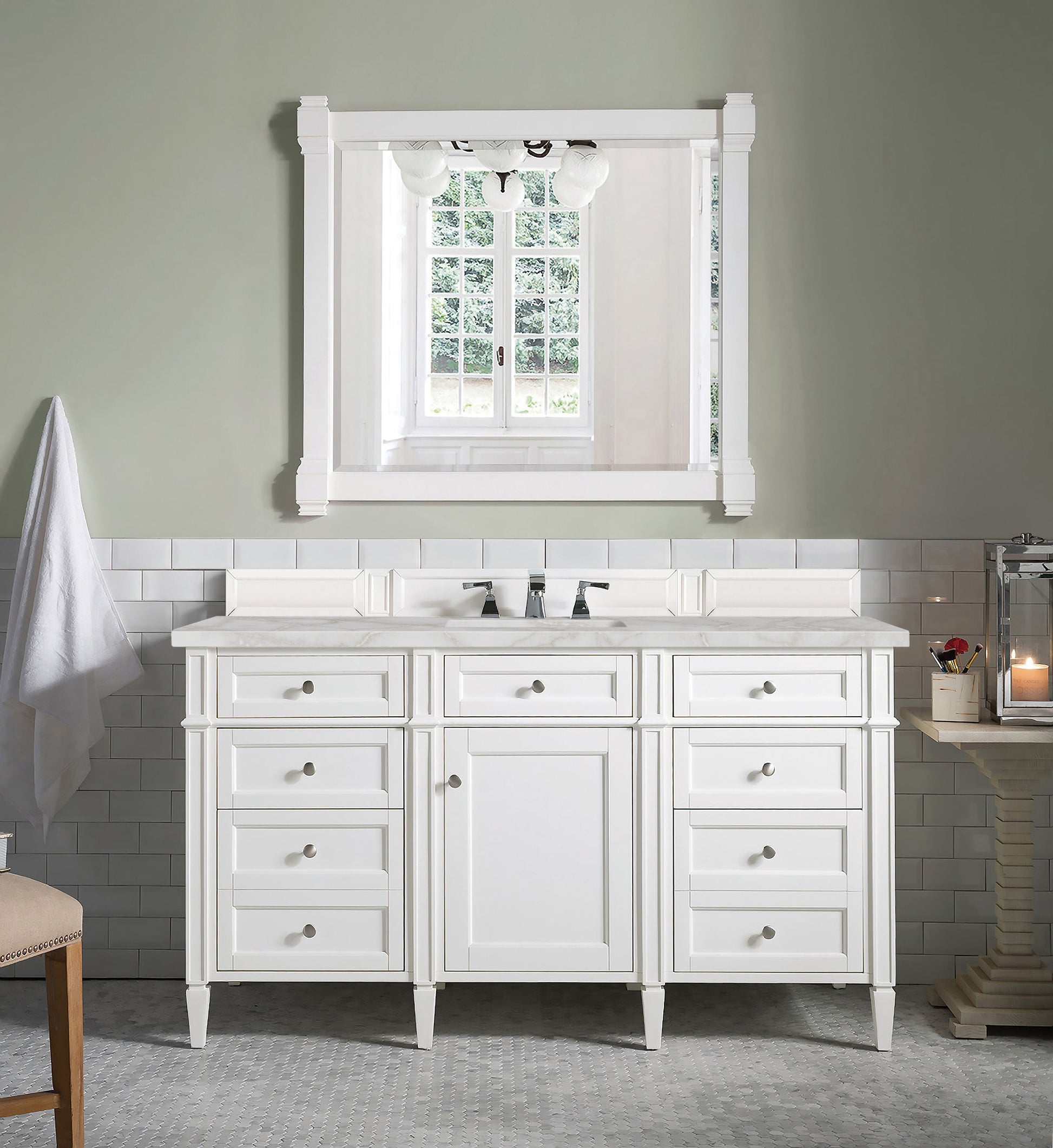 Renovate for Less Atlanta Brittany 60" Single Vanity, Bright White w/ 3 CM Victorian Silver Silestone Top w/FreePower Wireless Charger