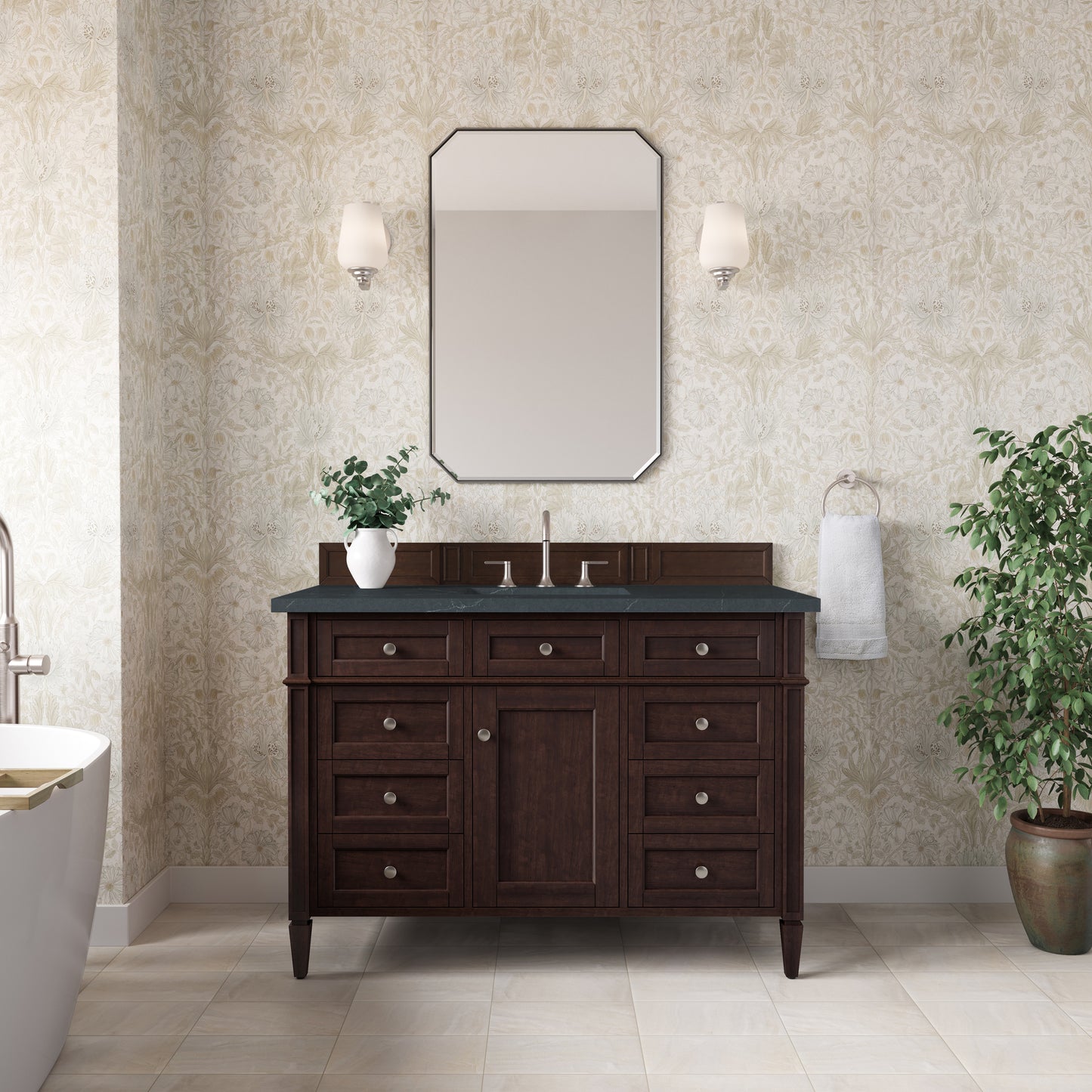 Renovate for Less Atlanta Brittany 48" Single Vanity, Burnished Mahogany w/ 3 CM Charcoal Soapstone Silestone Top