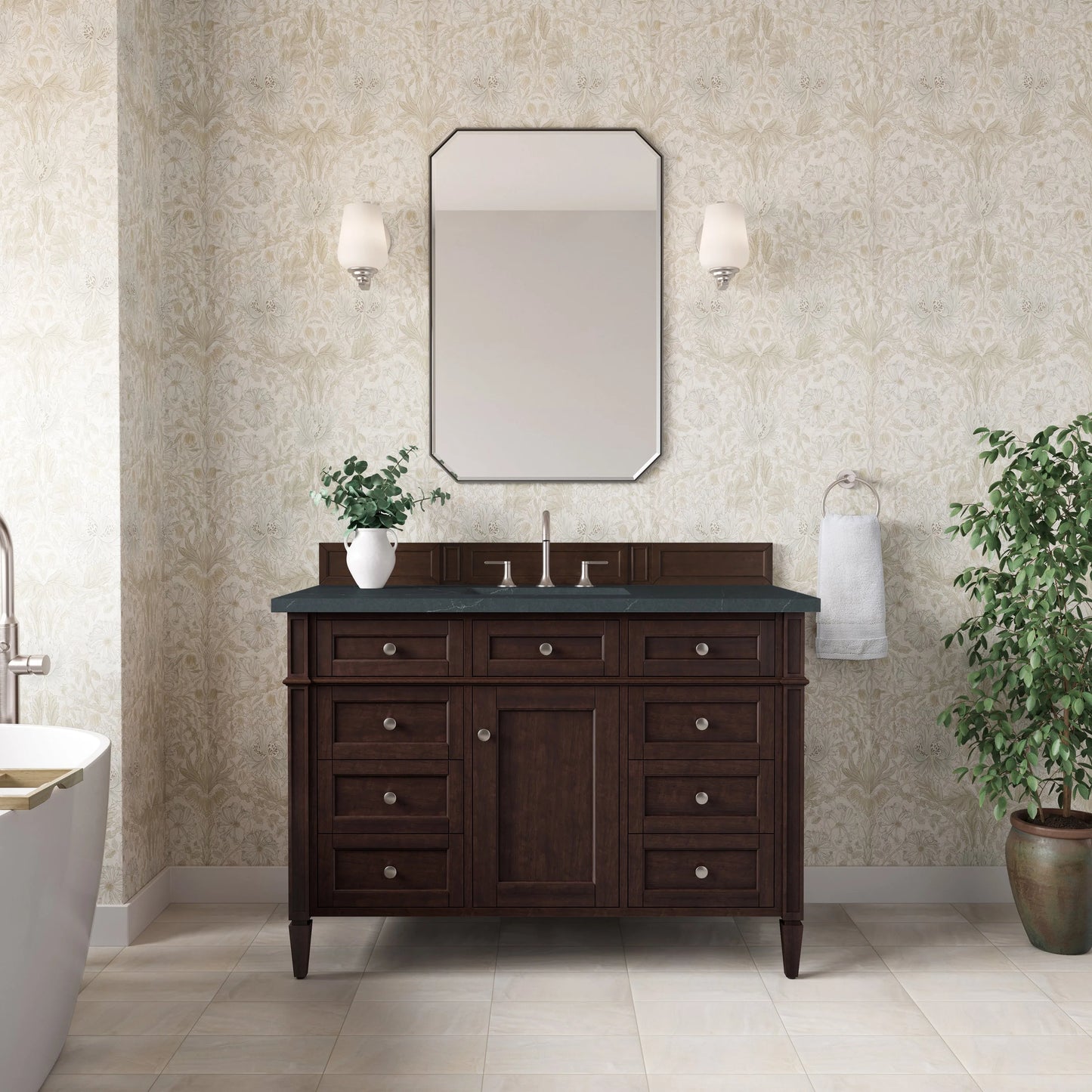 Brittany 48" Single Vanity, Burnished Mahogany w/ 3 CM Charcoal Soapstone Silestone Top