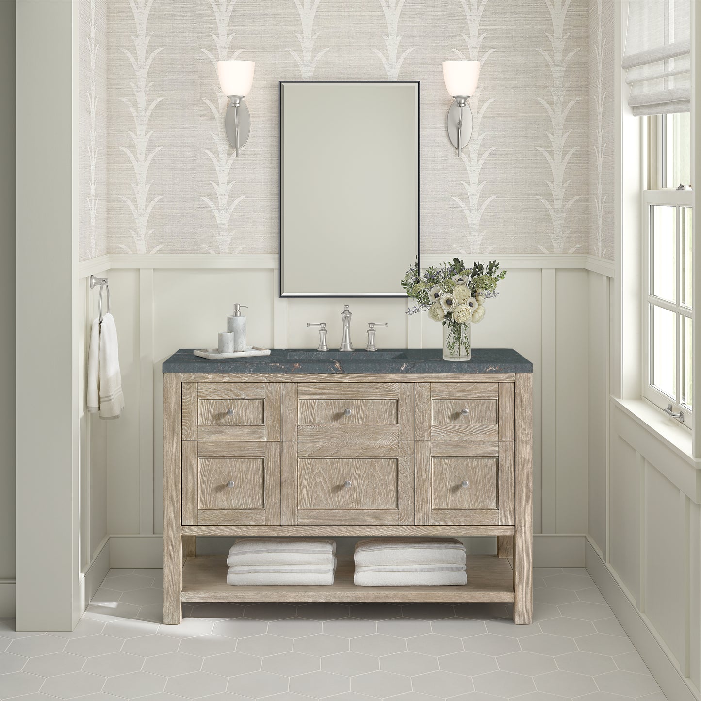 Renovate for Less Atlanta Breckenridge 48" Single Vanity, Whitewashed Oak w/ 3 CM Parisien Bleu Silestone Top