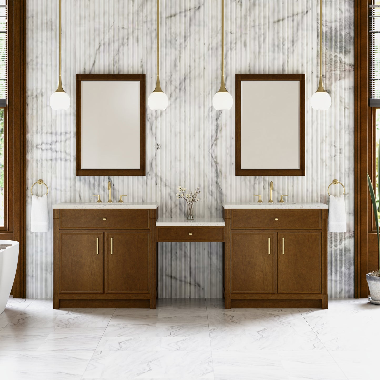 Renovate for Less Atlanta Bellshire 96" Dual Vanity Set with 24" Make-Up Counter, Honey Oak w/3 cm Siberian Silestone Top