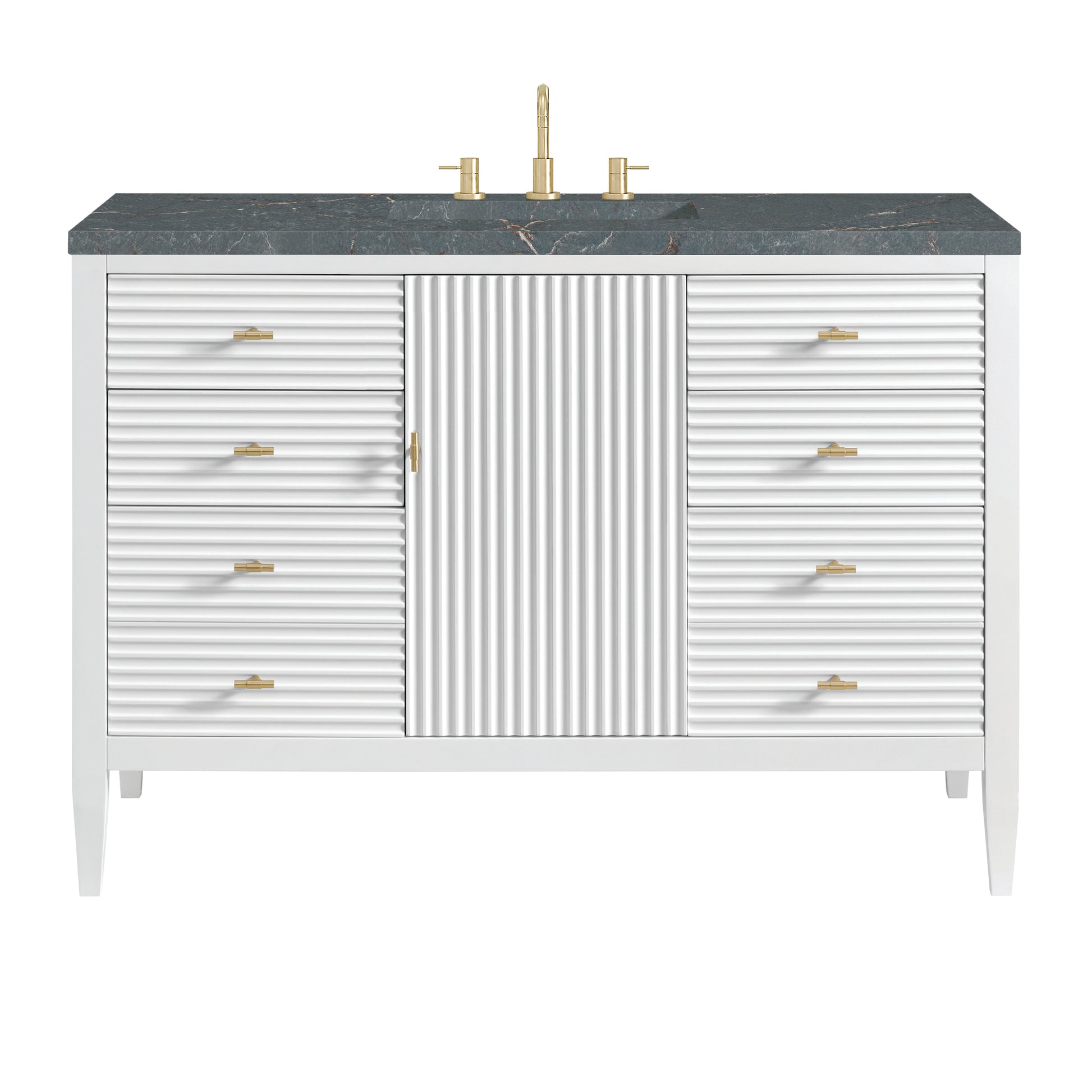 Renovate for Less Atlanta Myrrin 48" Single Vanity, Bright White w/ 3 CM Parisien Bleu Silestone Top w/FreePower Wireless Charger