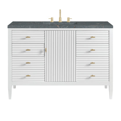 Renovate for Less Atlanta Myrrin 48" Single Vanity, Bright White w/ 3 CM Parisien Bleu Silestone Top w/FreePower Wireless Charger